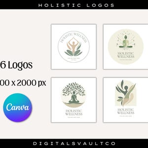 Peut inclure: Image pr&eacute;sentant six logos minimalistes pour le bien-&ecirc;tre holistique. Les logos incluent des illustrations de figures en postures de yoga, d'arbres et de formes abstraites, dans une palette de vert, beige et marron. Le texte comprend "Holistic Wellness" et "Canva".
