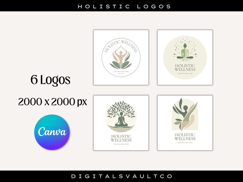Peut inclure: Image pr&eacute;sentant six logos minimalistes pour le bien-&ecirc;tre holistique. Les logos incluent des illustrations de figures en postures de yoga, d'arbres et de formes abstraites, dans une palette de vert, beige et marron. Le texte comprend "Holistic Wellness" et "Canva".