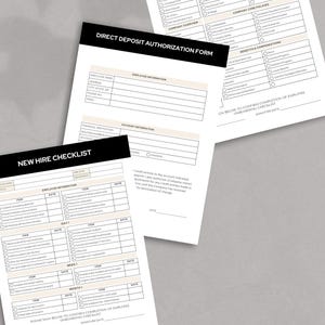 May include: A stack of white paper forms with black text. The forms include a "New Hire Checklist" and a "Direct Deposit Authorization Form." The checklist has sections for employee information and onboarding tasks. The authorization form includes account information.