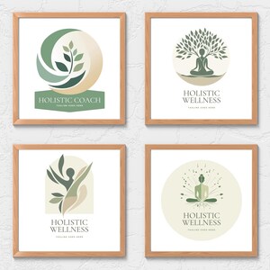 Peut inclure: Quatre impressions encadr&eacute;es avec des designs minimalistes en vert et beige. Les impressions pr&eacute;sentent des logos avec le texte "Holistic Coach" et "Holistic Wellness". Les dessins incluent une feuille, un arbre et des figures en postures de yoga.