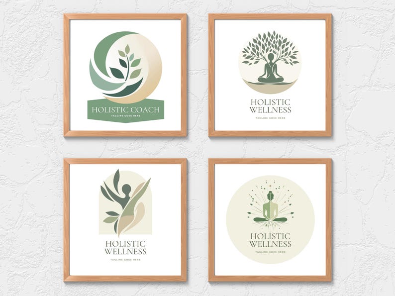 Peut inclure: Quatre impressions encadr&eacute;es avec des designs minimalistes en vert et beige. Les impressions pr&eacute;sentent des logos avec le texte "Holistic Coach" et "Holistic Wellness". Les dessins incluent une feuille, un arbre et des figures en postures de yoga.