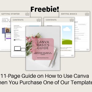 Peut inclure: Image promotionnelle d'un guide Canva Basics, avec le texte "Freebie!" en haut. Le guide est entour&eacute; d'autres documents, d'un stylo et de fleurs. La couverture du guide est rose et blanche, avec le texte "Everything You Need to Know to Get Started with Canva."