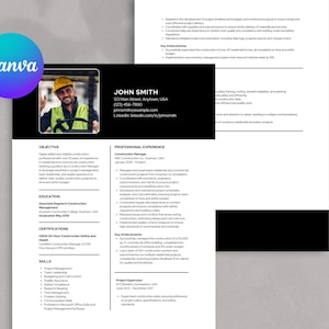 May include: A professional CV template featuring a black header with a circular profile photo of a construction worker in a yellow hard hat and high-visibility vest. The document includes sections for objective, education, skills, and experience.