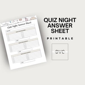 May include: Printable quiz night answer sheet with three rounds: General Knowledge, Music and Movies, and Science and Nature. Each round has 10 questions with space for answers and a score at the bottom.