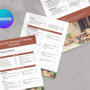 Vorlage für eine Checkliste der Restaurantöffnungs- und -schließungsprozesse – Leitfaden für den täglichen Betrieb für Mitarbeiter (Küche, Servicebereich) – Bearbeitbar in Canva