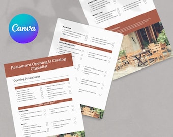 Lista de verificação para procedimentos de abertura e fechamento de restaurante - Guia de operações diárias para funcionários da cozinha e do salão - Editável no Canva