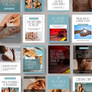 Plantilla de Instagram para salón de bronceado, publicaciones modernas de belleza en redes sociales, Canva editable, bronceado sin sol en spray, marca, diseño de contenido estético