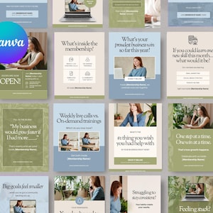 May include: A collection of sixteen digital social media templates featuring a cohesive color palette of sage green, soft blue, and cream. Each template includes placeholder text, business-related prompts, and imagery of a person working on a laptop.