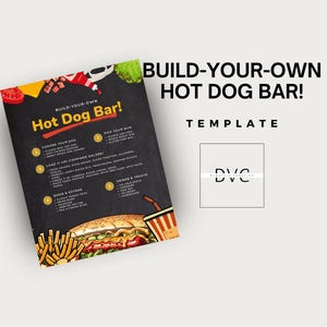 Eigene Hot Dog Bar Vorlage bauen | Anpassbare DIY Hot Dog Bar Menü | Party und Picknick Food Station Etiketten | Bearbeitbares Grillparty Dekor |