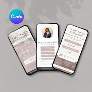 May include: Three smartphones displaying digital link-in-bio templates with a neutral color palette. The screens feature text placeholders like Your Name, Your Business Name Here, and various buttons for services, contact, and social media links.