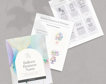 Plantilla de menú para negocios de globos Lista de precios de decoración con globos Servicios de estilismo para fiestas Hoja de marca para eventos Descarga digital Editable en Canva