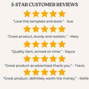 Peut inclure: Graphique pr&eacute;sentant des avis clients, chacun accompagn&eacute; de cinq &eacute;toiles dor&eacute;es. Le texte comprend : "Love this template and store." - Sue, "Great product, sturdy and realistic." - Mary, "Quality item, arrived on time." - Kayce, "Great product as advertised thank you." - Travis, et "Great product, definitely worth the money." - Kellie.