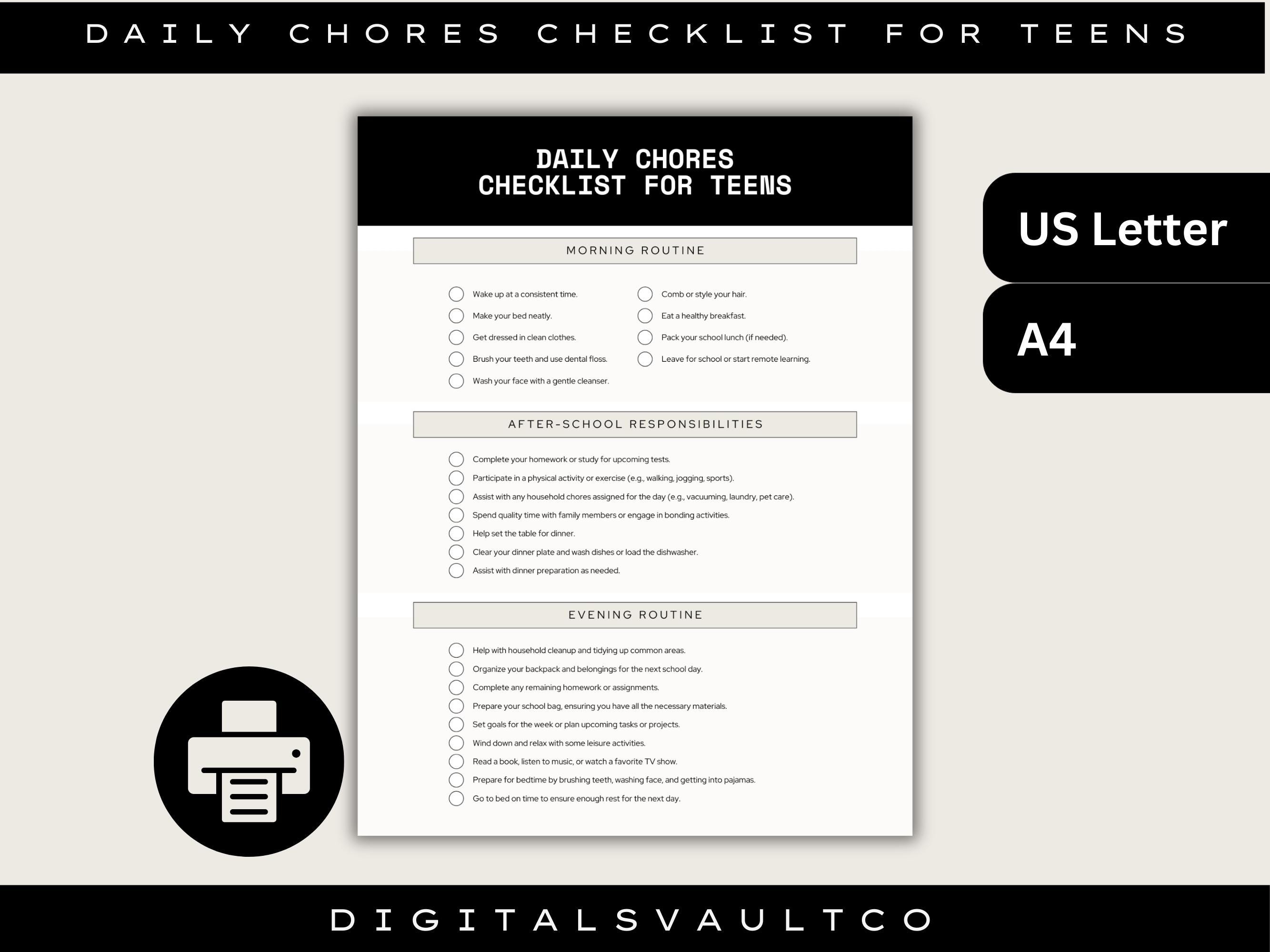 Teen Chore Checklist Printable: Daily & Weekly Task Tracker (digital ...
