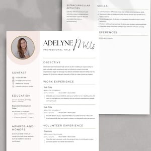 May include: A resume template with a photo, contact information, and sections for education, work experience, and skills. The resume is in a minimalist style with a light pink and white color scheme. The name "Adelyne Mills" is prominently displayed.