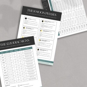 May include: Three printed sheets with astrological information. The top sheet is titled "The 8 Moon Phases" and the bottom sheet is titled "The 12 Zodiac Signs". The third sheet is a list of dates and times. The sheets are on a light gray surface.