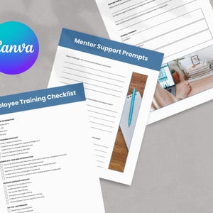 Könnte beinhalten: Ein Satz gedruckter Dokumente, darunter eine Checkliste für die Mitarbeiterschulung und Mentor-Support-Prompts. Die Seiten haben blaue Kopfzeilen, weiße Hintergründe, schwarzen Text und Kontrollkästchen. Eine Seite enthält ein Foto.
