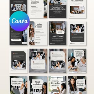 May include: A collection of sixteen digital social media templates featuring a black, white, and beige color palette. The designs include various layouts with placeholder text, photography of people in professional settings, and the Canva logo overlay.