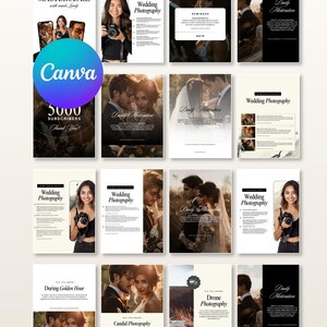 May include: A collection of sixteen digital templates for social media featuring wedding photography themes, including text overlays like Masterclass, Daily Motivation, and Wedding Photography, with various photographs of couples and photographers.