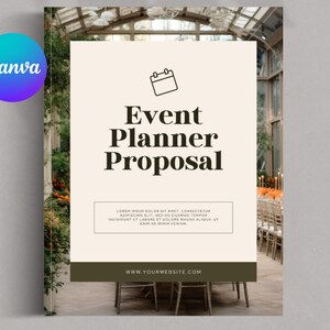 May include: A document cover titled Event Planner Proposal with a calendar icon, placeholder text, and a website URL at the bottom. The design features a cream-colored central panel over a blurred background of a greenhouse event space.