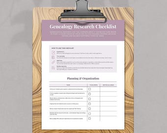 Lista de verificación de investigación genealógica (PDF, imprimible) Planificador de historia familiar Guía de investigación de ascendencia Organización de seguimiento de registros