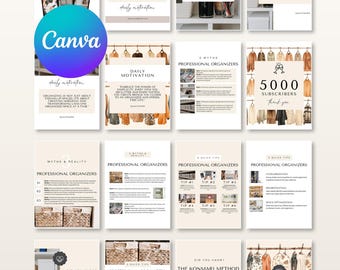Puede incluir: Una colección de plantillas digitales para redes sociales destinadas a organizadores profesionales, con tonos beige y blancos, ilustraciones de percheros y textos sobre métodos de organización, consejos y metas de suscriptores.
