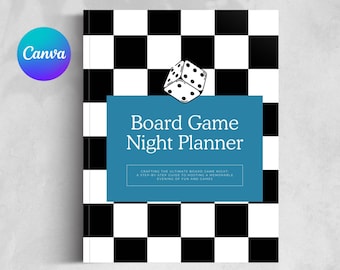 May include: A planner with a black and white checkered cover featuring a single white die illustration. A blue rectangular center panel displays the text Board Game Night Planner and smaller text about hosting a memorable evening of fun and games.