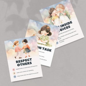 May include: Three watercolor-style cards with children illustrations and text. The cards display phrases like "Respect Others" and "Inside Voices," with numbered points. The illustrations feature children in various poses, with soft colors.
