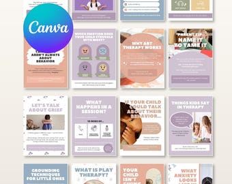 May include: A collection of sixteen educational social media templates featuring pastel color palettes, text headings about child therapy, and various illustrations including icons, speech bubbles, and photographs of children in therapeutic settings.