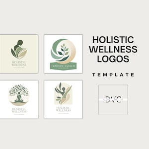 Peut inclure: Pr&eacute;sentation de quatre logos minimalistes sur le th&egrave;me du bien-&ecirc;tre holistique. Chaque logo pr&eacute;sente un design unique avec des tons verts et beiges doux. Le texte "HOLISTIC WELLNESS LOGOS" et "TEMPLATE" est affich&eacute; en police sans-serif.
