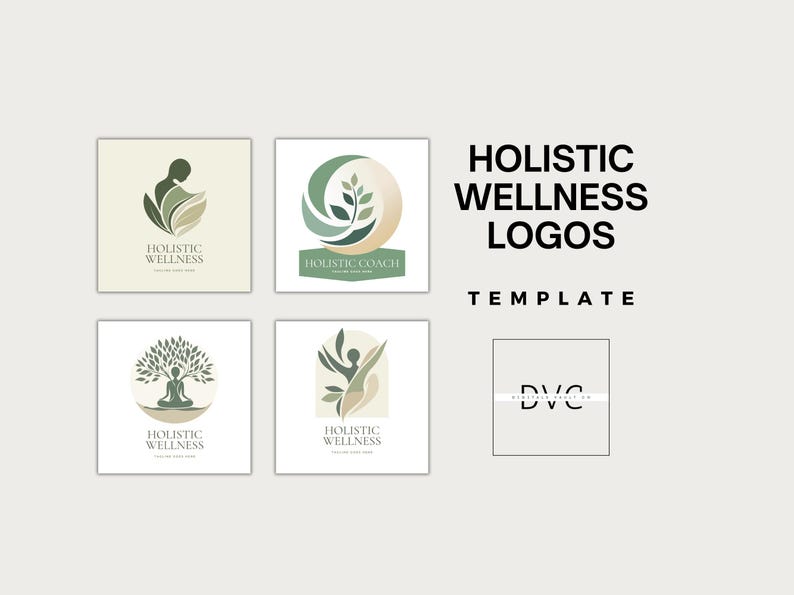 Peut inclure: Pr&eacute;sentation de quatre logos minimalistes sur le th&egrave;me du bien-&ecirc;tre holistique. Chaque logo pr&eacute;sente un design unique avec des tons verts et beiges doux. Le texte "HOLISTIC WELLNESS LOGOS" et "TEMPLATE" est affich&eacute; en police sans-serif.