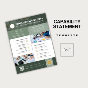 May include: A green and white Capability Statement template with the text "LUMIEE DIGITAL SOLUTIONS" and "CAPABILITY STATEMENT". The template includes sections for Core Competencies and Differentiators, with icons and images. A small logo is in the bottom right corner.
