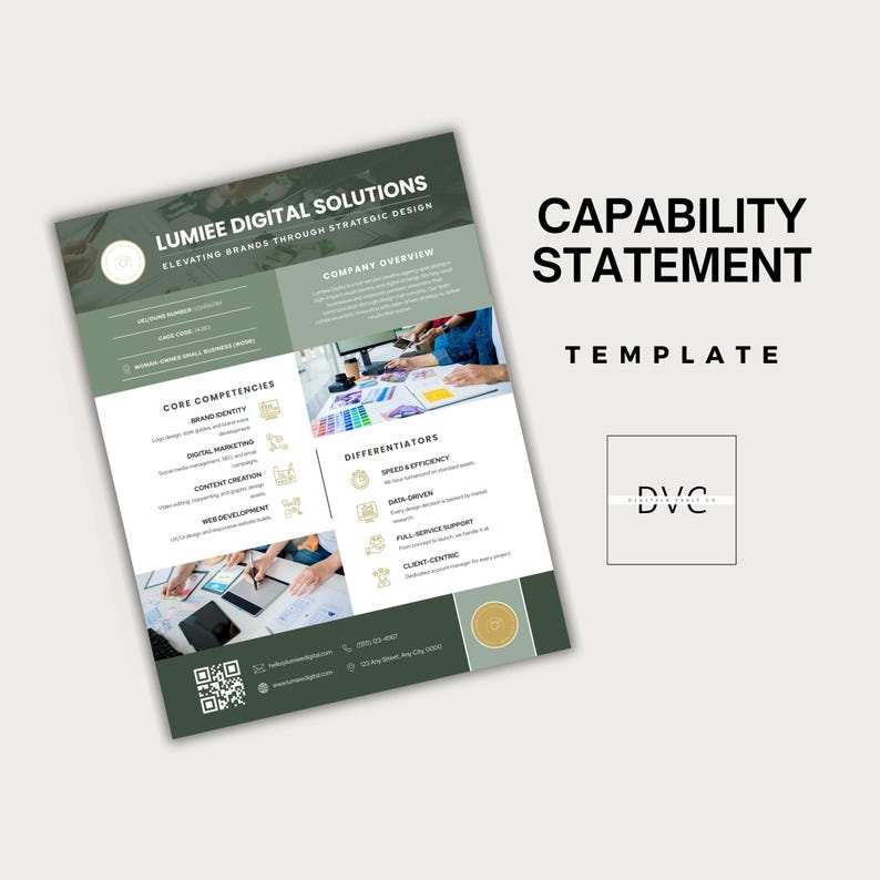 May include: A green and white Capability Statement template with the text "LUMIEE DIGITAL SOLUTIONS" and "CAPABILITY STATEMENT". The template includes sections for Core Competencies and Differentiators, with icons and images. A small logo is in the bottom right corner.