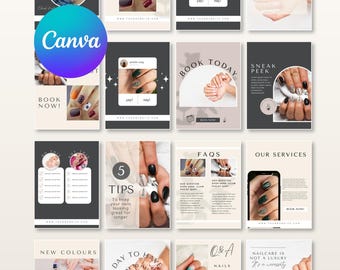 Plantilla de Instagram para técnicos de uñas, artistas de uñas y salones de belleza. Paquete de publicaciones para redes sociales para marketing de negocios de uñas. Diseños de Canva editables en Canva.