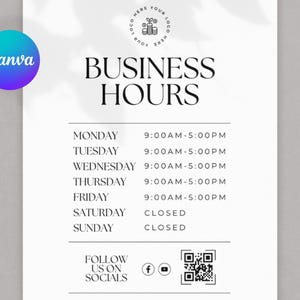 Customizable Business Hours Sign Template Store Open Hours Sign for Retail Office Small Business Use Digital Download Editable in Canva