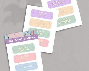 May include: A collection of colorful kids' coupons with various rewards, such as extra playtime, a picnic lunch, and a family movie night. The coupons are in pastel colors and feature text like "Kids Coupons for Reading."