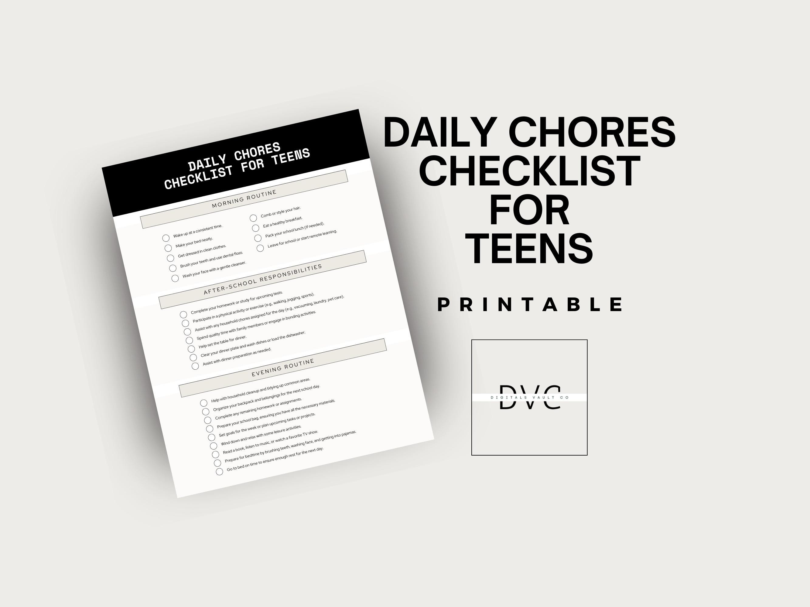 Daily Chore Checklist for Teens Printable Minimalist PDF | Teenager Chore List | Teen Daily Tasks | Family To-Do List | Household Chores |