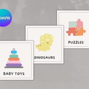 May include: Three square white cards with black borders. The first card shows a stacked ring toy and the text BABY TOYS. The second card features a yellow dinosaur illustration and the text DINOSAURS. The third card displays four puzzle pieces and the text PUZZLES.