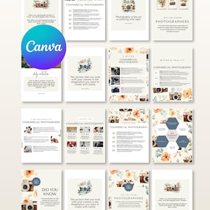 May include: A collection of digital templates for commercial photography featuring watercolor floral illustrations, camera icons, and informative text about photography tips, myths, and facts, all organized in a grid layout with a Canva logo overlay.