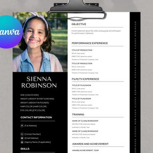 Child Actor CV Template Professional Kids Acting Resume Audition Curriculum Vitae for Young Performer Film Theater Casting Editable in Canva