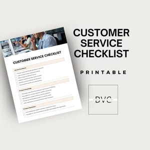 May include: A printable customer service checklist with a black and white design. The checklist includes sections for service excellence, product knowledge, and problem resolution.