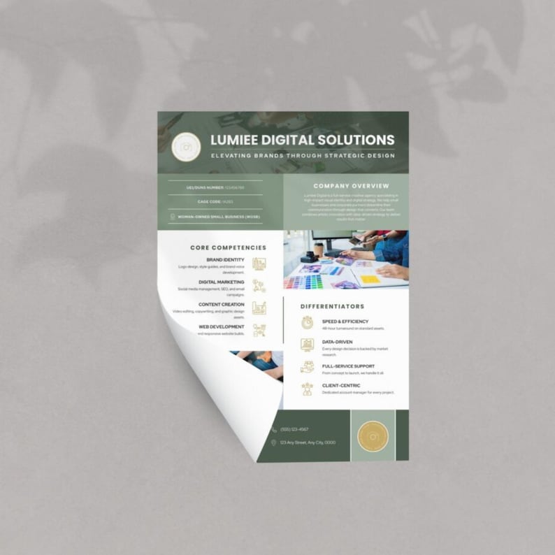 May include: A flyer for Lumiee Digital Solutions, featuring a green and white color scheme. The flyer's text includes "Elevating Brands Through Strategic Design," "Core Competencies," and "Differentiators." The bottom left corner of the flyer is curled.