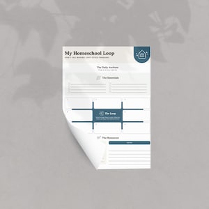 May include: A white paper planner titled "My Homeschool Loop" with blue accents. The planner includes sections for daily anchors, essentials, and resources. The text "DON'T FALL BEHIND. JUST CYCLE THROUGH" is also visible.