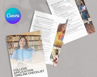 Puede incluir: Un documento de lista de verificación para solicitudes universitarias con varias páginas que incluyen encabezados como Freshman and Sophomore Years y Early Fall. Las páginas muestran fotos de estudiantes y un logotipo de Canva en la esquina superior izquierda.