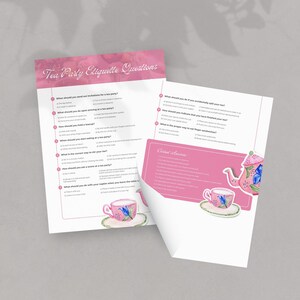 Può includere: Due fogli di carta con domande sull'etichetta del tè e risposte informali. Il foglio superiore ha il titolo "Tea Party Etiquette Questions" in corsivo rosa. È visibile una carta rosa con un'illustrazione di teiera e tazza.