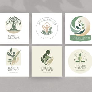 Könnte beinhalten: Eine Sammlung von sechs quadratischen Logos zum Thema ganzheitliches Wohlbefinden. Jedes Logo zeigt ein anderes Design, darunter Figuren in Yoga-Posen, Blätter und kreisförmige Elemente, alles in Grün-, Beige- und Weißtönen.