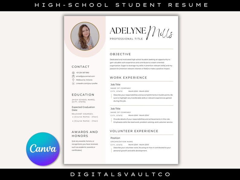 High School Student Resume Canva Template for First Job Applications ...