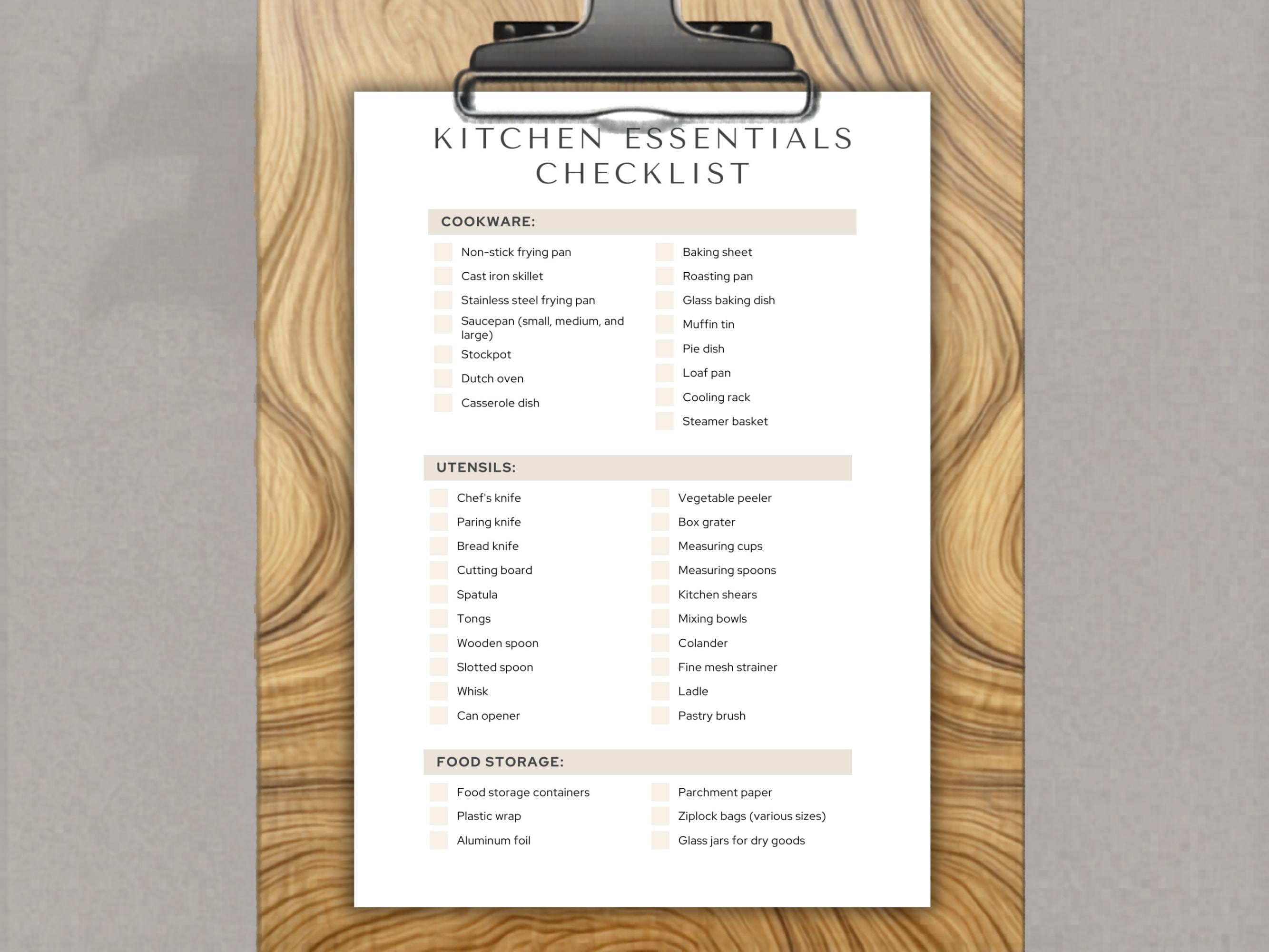 Kitchen Essentials Checklist PDF Printable Cooking Supply List Editable ...