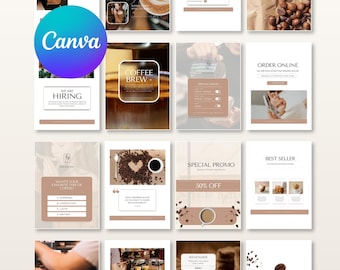 Op de afbeelding: Een verzameling van zestien social media sjablonen met afbeeldingen in koffiethema, tekstoverlays en grafische elementen in tinten bruin, wit en beige. De ontwerpen bevatten koppen zoals Happy Hour, Order Online en Special Promo.