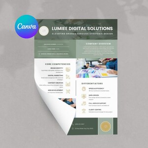 Può includere: Un volantino aziendale per Lumiee Digital Solutions con una combinazione di colori verde e bianco. Il documento elenca le competenze principali tra cui identità del marchio, marketing digitale, creazione di contenuti e sviluppo web, con i contatti.