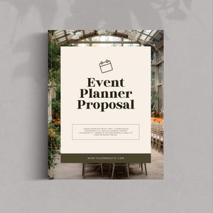May include: A brochure titled "Event Planner Proposal" with a beige cover and a photograph of a wedding reception venue. The text includes a calendar icon, the title, and website address. The brochure is designed for event planning services.